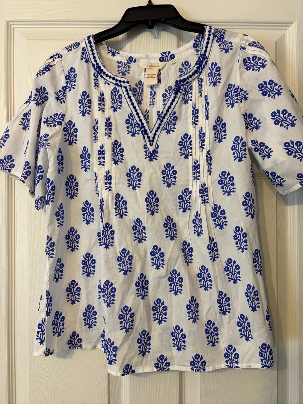 Sundance Catalog cotton blouse bohemian-style with blue floral motif